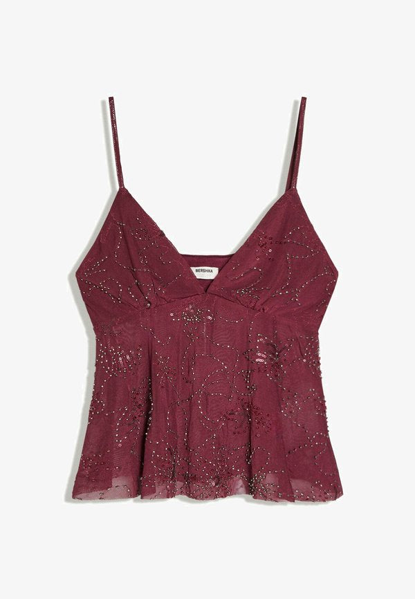Bershka BEADED MESH - STRAPPY TOP - Top - dark red