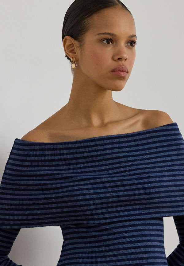 Lauren Ralph Lauren STRIPED RIBBED OFF-THE-SHOULDER DRESS