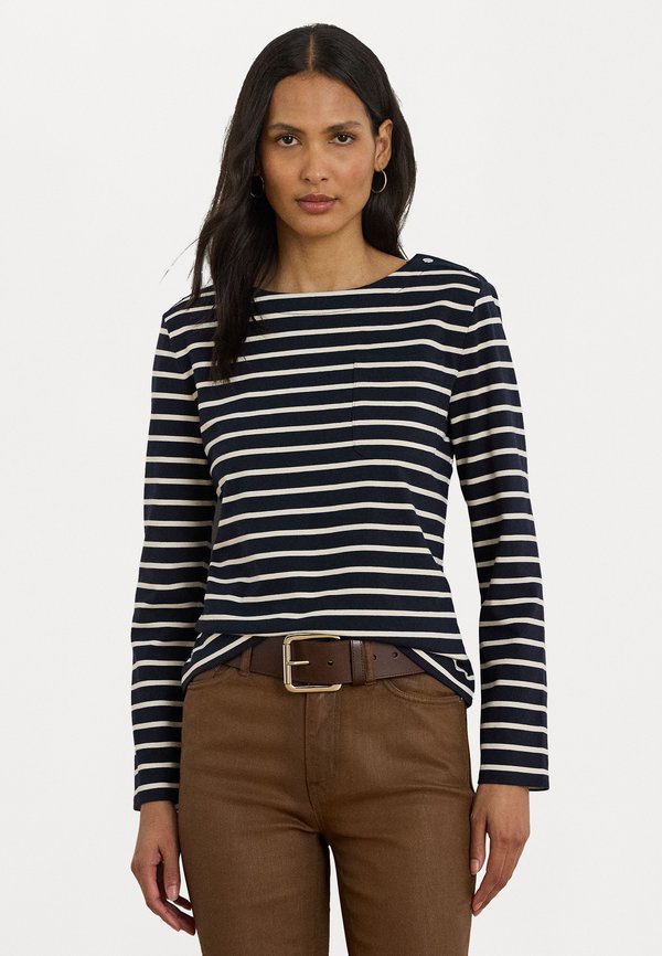 Lauren Ralph Lauren STRIPED JERSEY SNAP-TRIM BOATNECK TOP