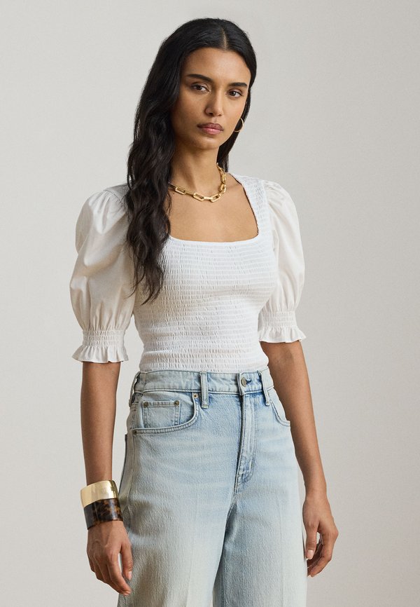 Lauren Ralph Lauren SMOCKED COTTON JERSEY PUFF-SLEEVE TOP