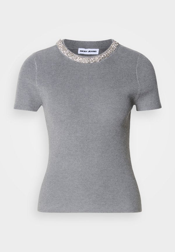 DKNY SHORT SLEEVE CREWNECK EMBELLISHED RHINESTONES AT NECKLINE