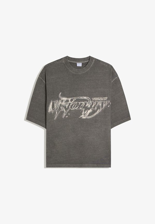 Bershka BOXY FIT PRINT T-SHIRT - Print T-shirt - dark grey