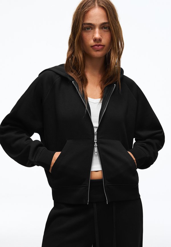 Bershka ZIP-UP PLUSH HOODED JACKET - Zip-up sweatshirt - black