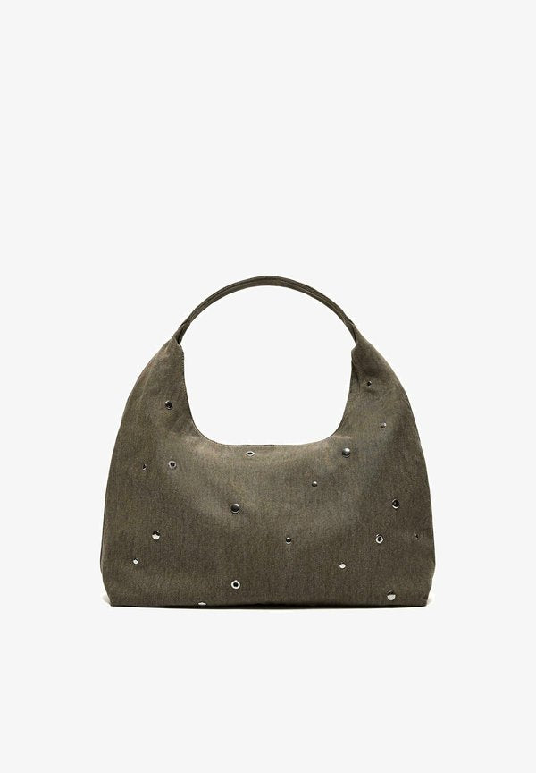 Bershka STUDDED SHOULDER BAG - Handbag - khaki