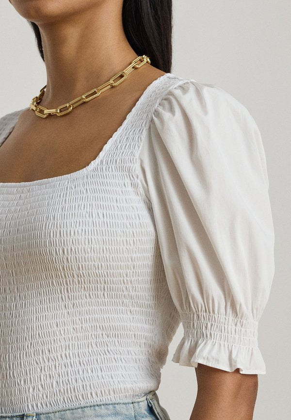 Lauren Ralph Lauren SMOCKED COTTON JERSEY PUFF-SLEEVE TOP