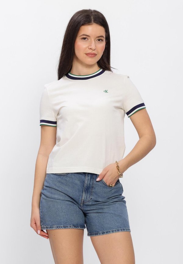 Calvin Klein CALVIN KLEIN DAMES T-SHIRTS SS CTN MONOGRAM STRIPE TRIM TEE. - Basic T-shirt - yas tofu