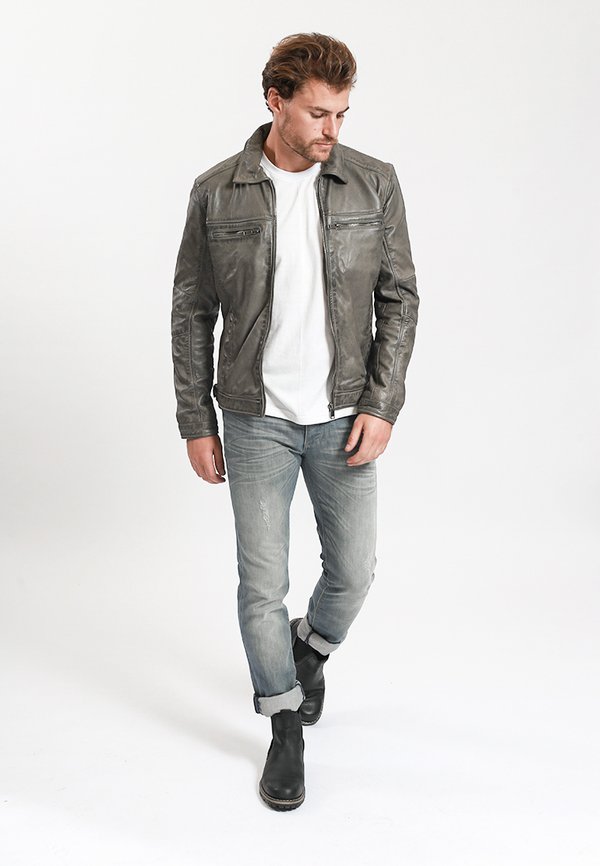 Lee Cooper LEATHER JACKET WITH COLLAR SHIRT - 2 SPLIT SIDE POCKETS -