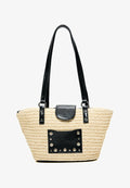 Bershka STUDDED RAFFIA BASKET BAG - Handbag - sand