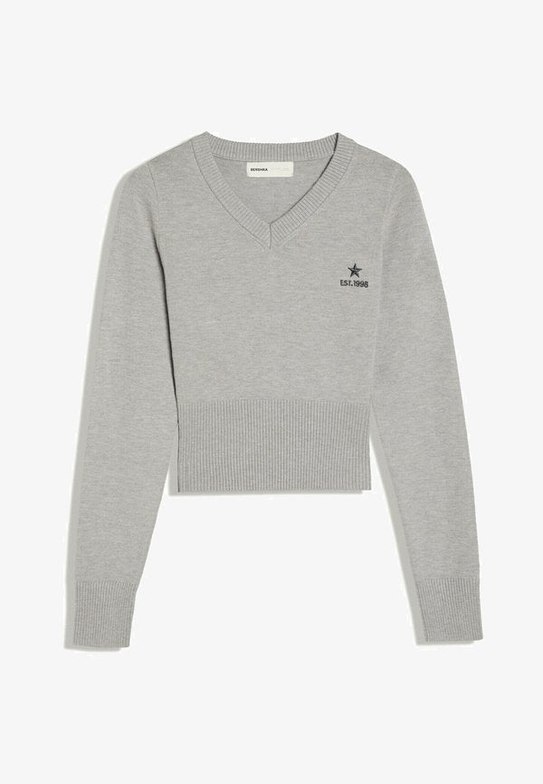 Bershka EMBROIDERED V-NECK JUMPER - Jumper - grey