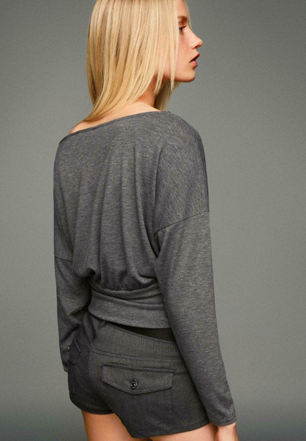 Bershka STRIPED  AND SASH  - Long sleeved top - light grey