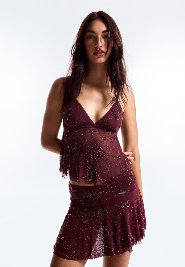 Bershka BEADED MESH - STRAPPY TOP - Top - dark red