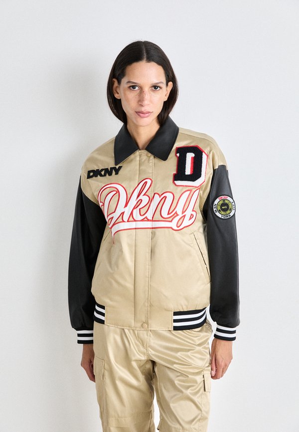 DKNY MIXED MEDIA VARSITY JACKET PATCH AND EMBORIDERY