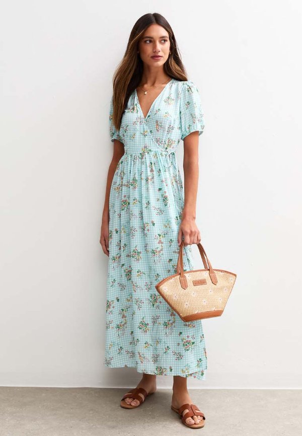 New Look GINGHAM CHECK FLORAL WRAP MIDI