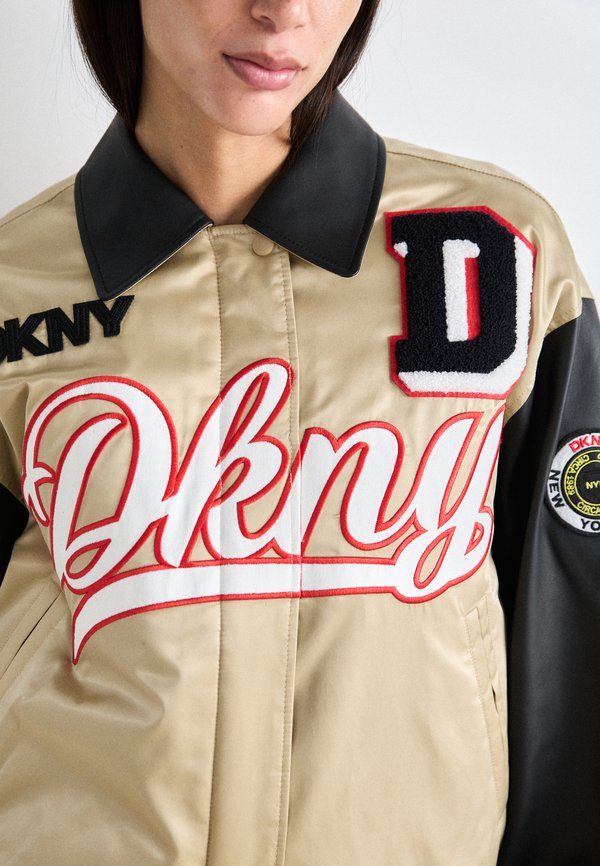 DKNY MIXED MEDIA VARSITY JACKET PATCH AND EMBORIDERY