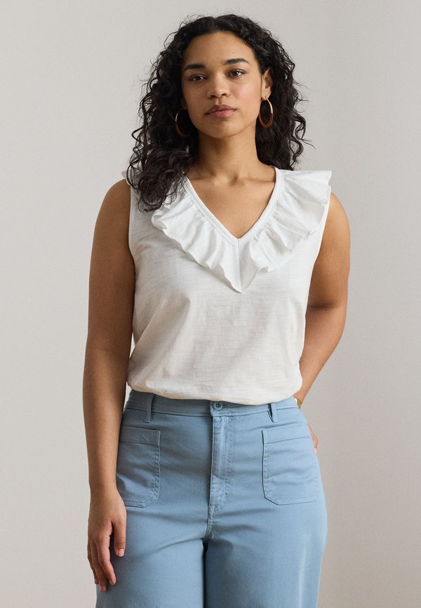 Lauren Ralph Lauren Woman RUFFLE-TRIM SLUB JERSEY SLEEVELESS TOP
