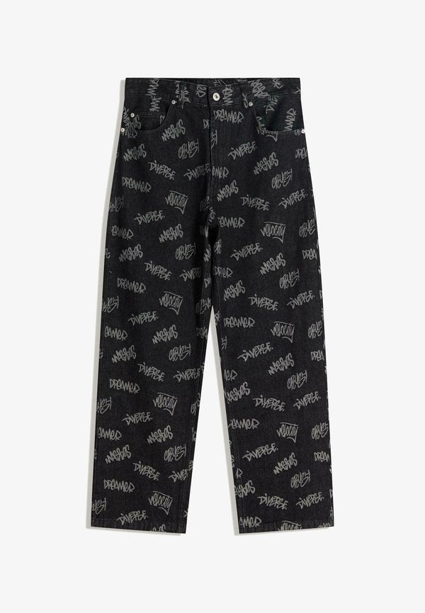 Bershka JACQUARD - Straight leg jeans - black