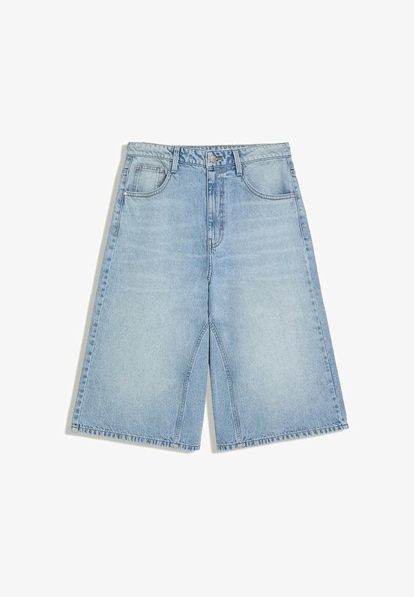 Bershka DENIM SLOUCHY JORT - Denim skirt - light blue