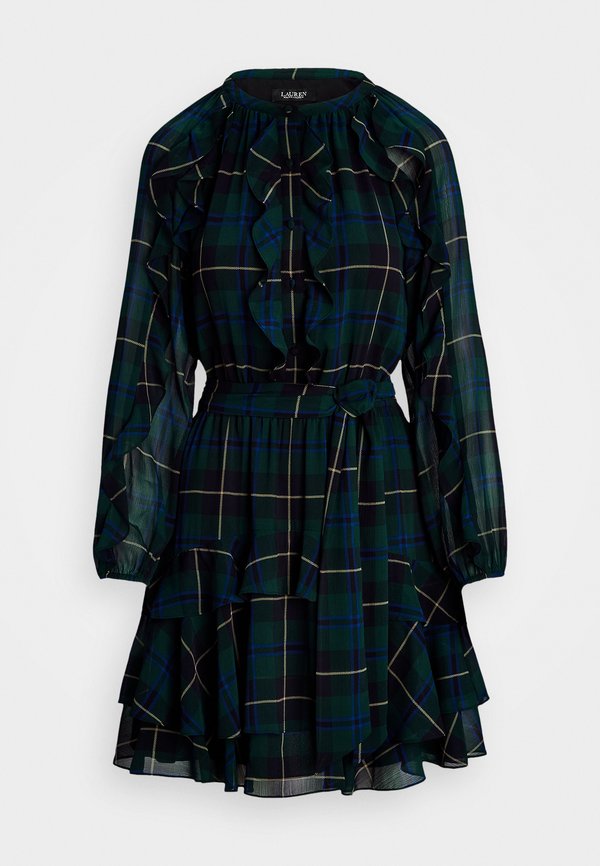 Lauren Ralph Lauren PLAID RUFFLE TRIM GEORGETTE TIERED DRESS