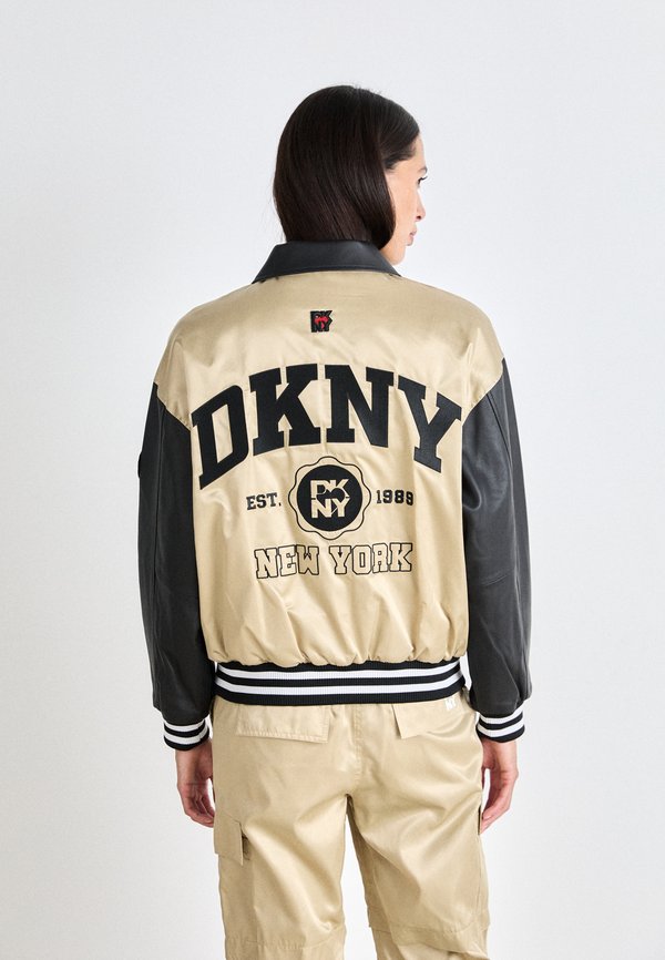DKNY MIXED MEDIA VARSITY JACKET PATCH AND EMBORIDERY