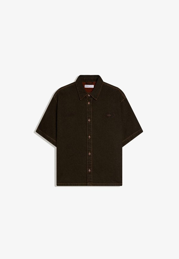 Bershka EMBROIDERED BOXY  - Shirt - dark brown
