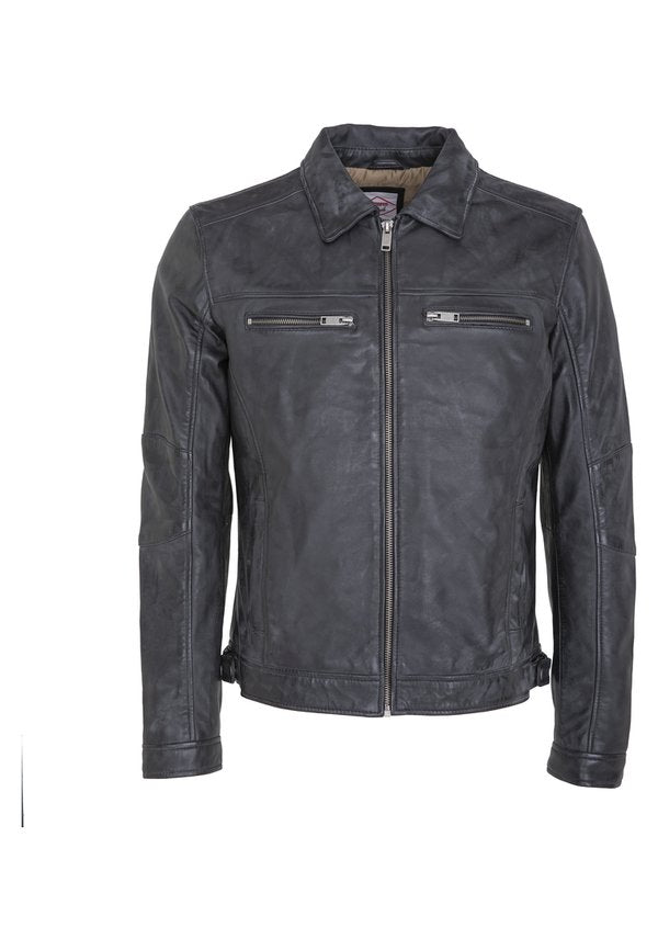 Lee Cooper LEATHER JACKET WITH COLLAR SHIRT - 2 SPLIT SIDE POCKETS -