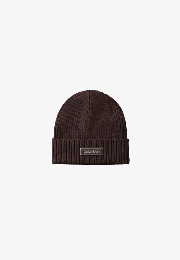 Calvin Klein PATCH CHUNKY RIB COTTON BEANIE - Beanie - dark brown