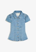 Bershka SHORT-SLEEVE DENIM BALLOON - TOP - Button-down blouse - light blue
