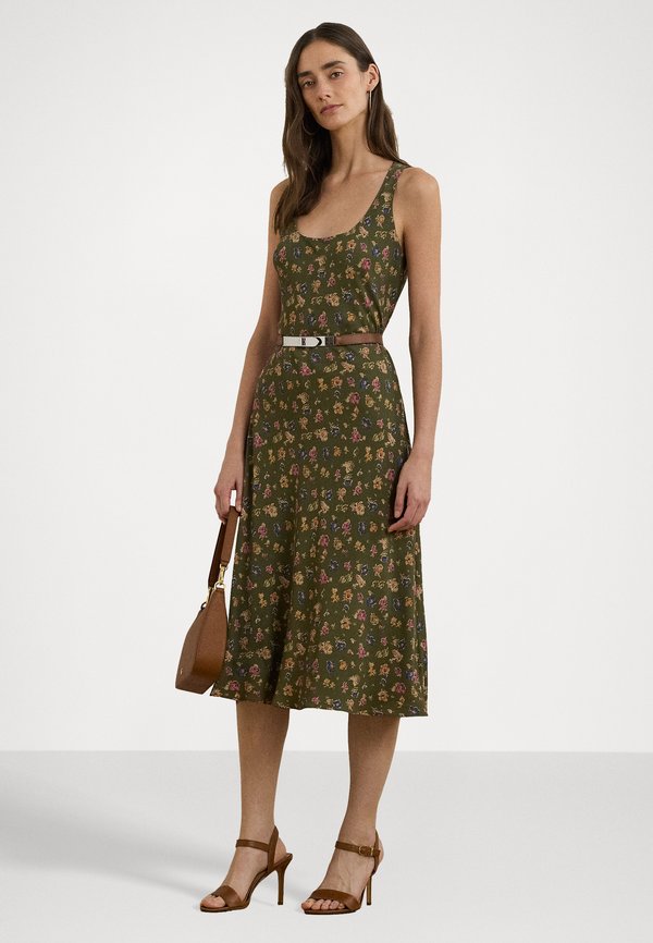 Lauren Ralph Lauren FLORAL BELTED CREPE SLEEVELESS DRESS
