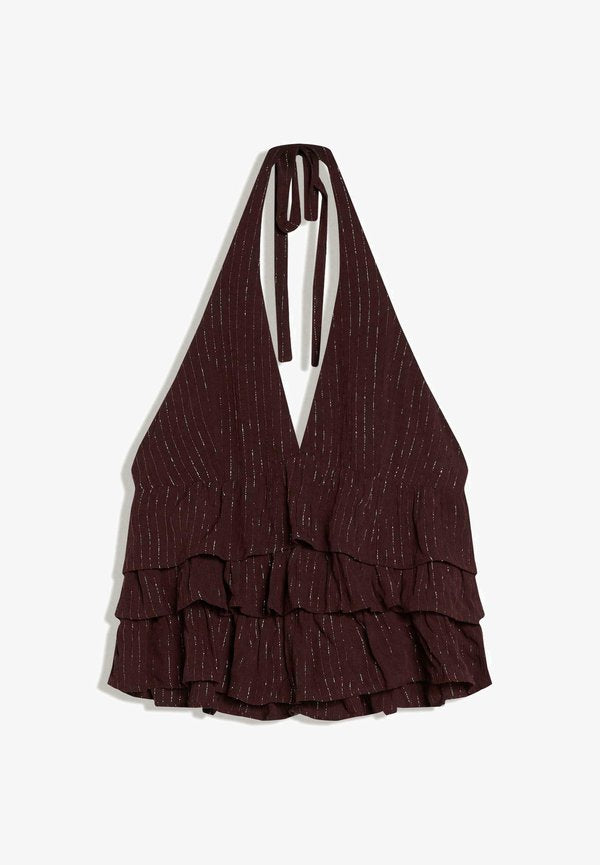 Bershka SHIMMERY RUFFLE  - Top - dark brown