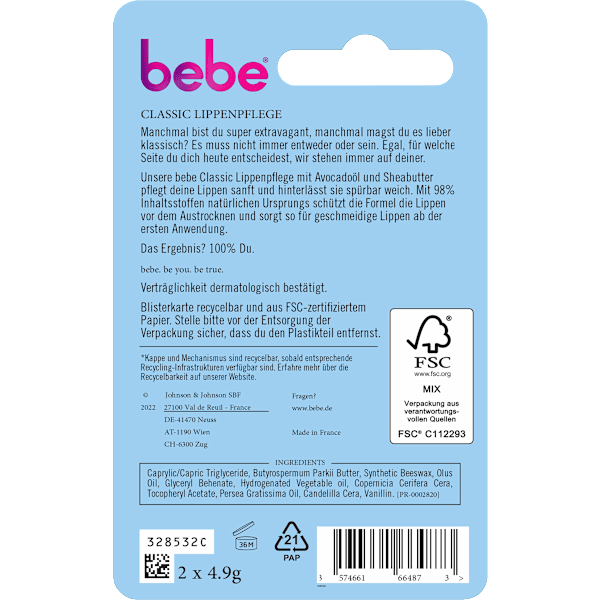 Lippenpflege Classic Doppelpack (2 x 4,9g) bebe