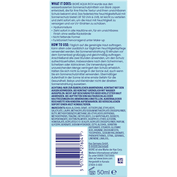 Gesichtsfluid aqua rich UV, LSF 50 Bioré