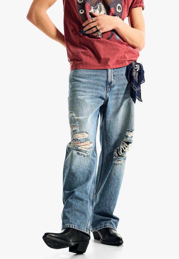 Bershka VINTAGE DESTROYS BAGGY  - Baggy Jeans - dark blue