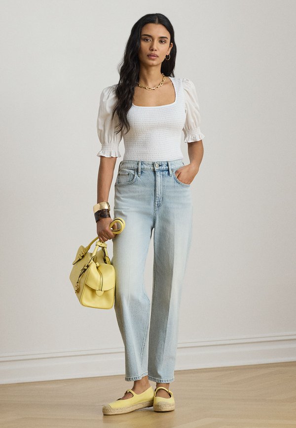 Lauren Ralph Lauren SMOCKED COTTON JERSEY PUFF-SLEEVE TOP