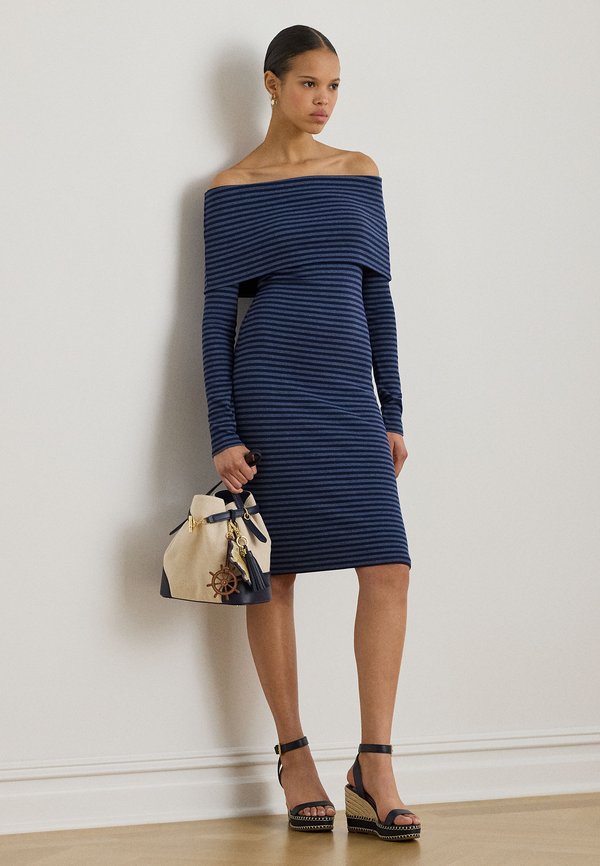 Lauren Ralph Lauren STRIPED RIBBED OFF-THE-SHOULDER DRESS
