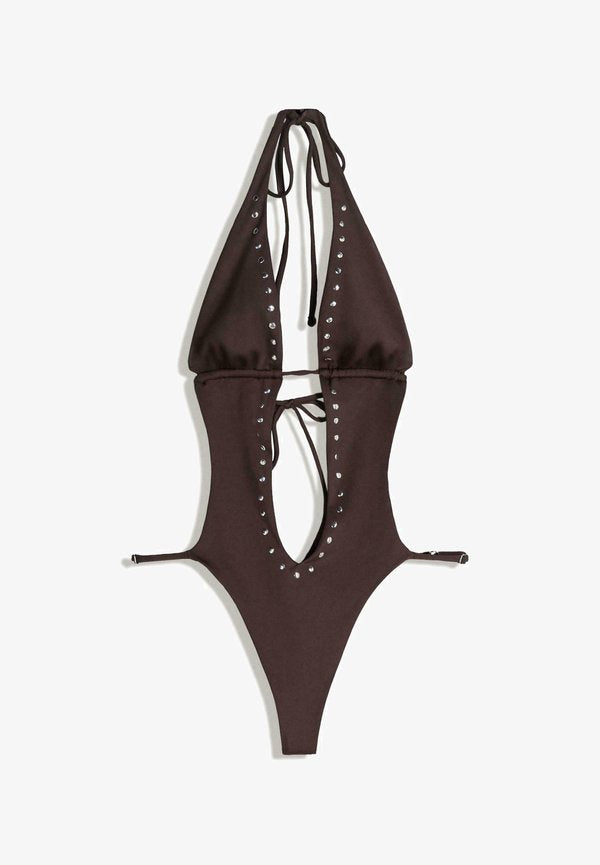 Bershka STUDDED - Swimsuit - dark brown