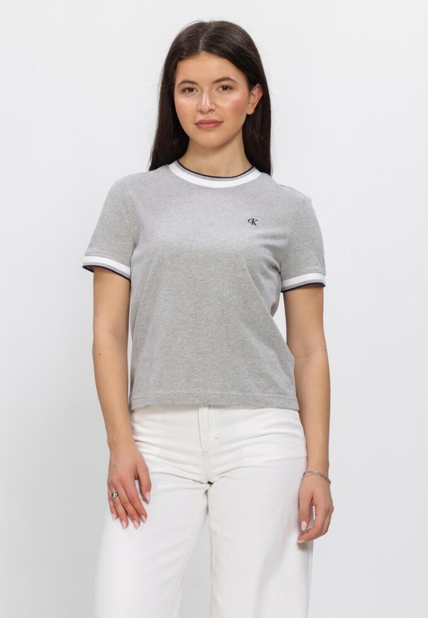 Calvin Klein CALVIN KLEIN DAMES T-SHIRTS SS CTN MONOGRAM STRIPE TRIM TEE. - Basic T-shirt - p heroic grey heather