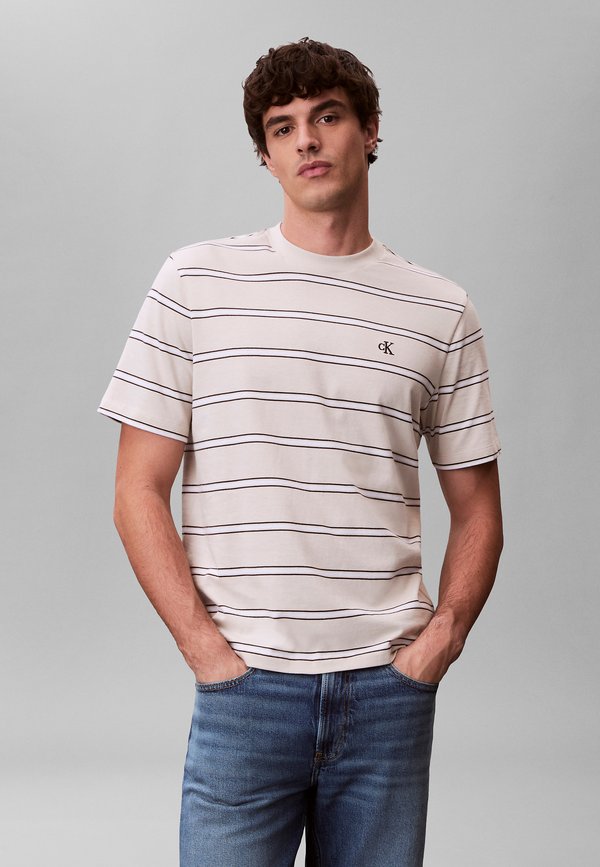 Calvin Klein Jeans STRIPE MONOGRAM - Print T-shirt - oatmeal