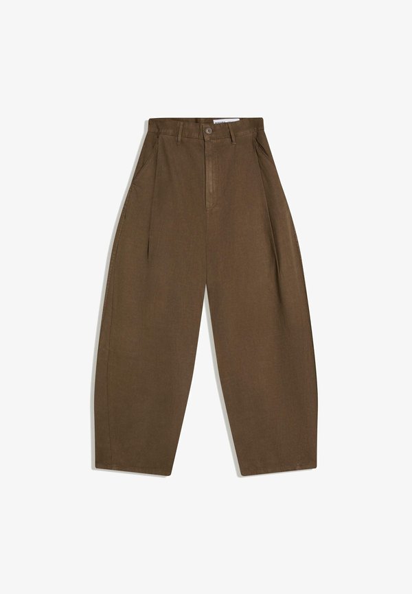 Bershka LINEN SUPER BAGGY - Trousers - brown
