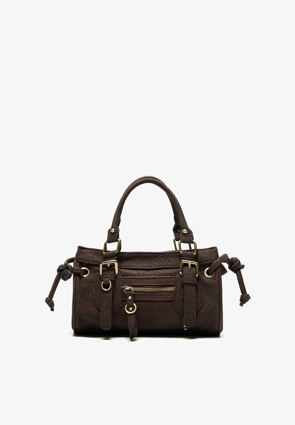 Bershka BUCKLED - MINI BAG - Handbag - dark brown