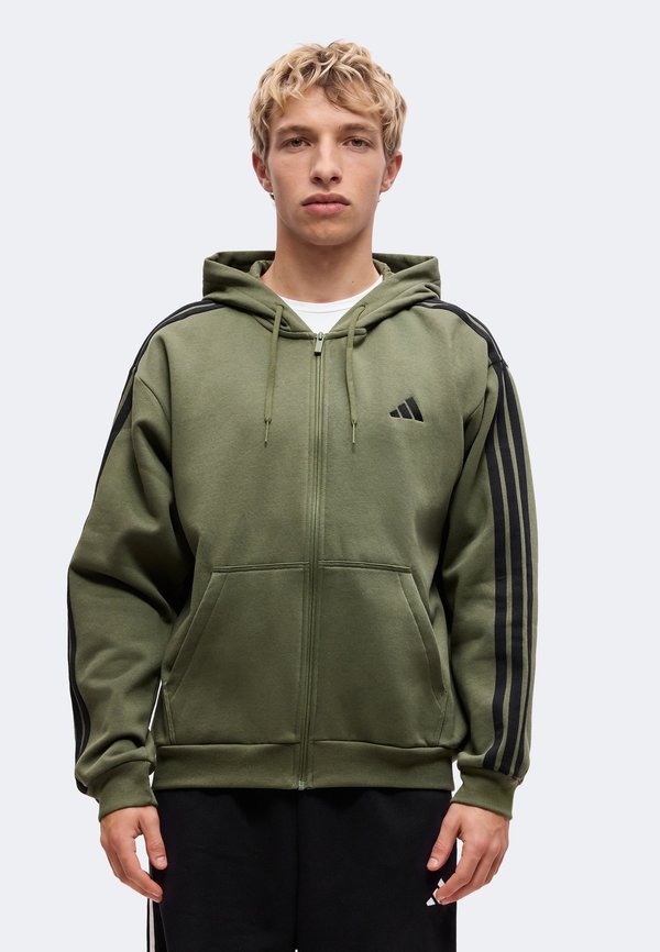 adidas Sportswear ESSENTIALS 3 STRIPES FULL ZIP HOODIE - Zip-up sweatshirt - olive four/black