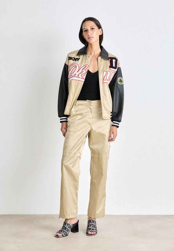 DKNY MIXED MEDIA VARSITY JACKET PATCH AND EMBORIDERY
