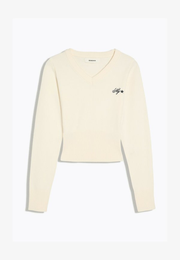 Bershka EMBROIDERED V-NECK JUMPER - Jumper - beige