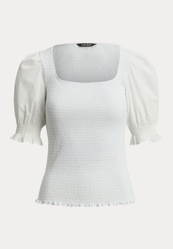 Lauren Ralph Lauren SMOCKED COTTON JERSEY PUFF-SLEEVE TOP