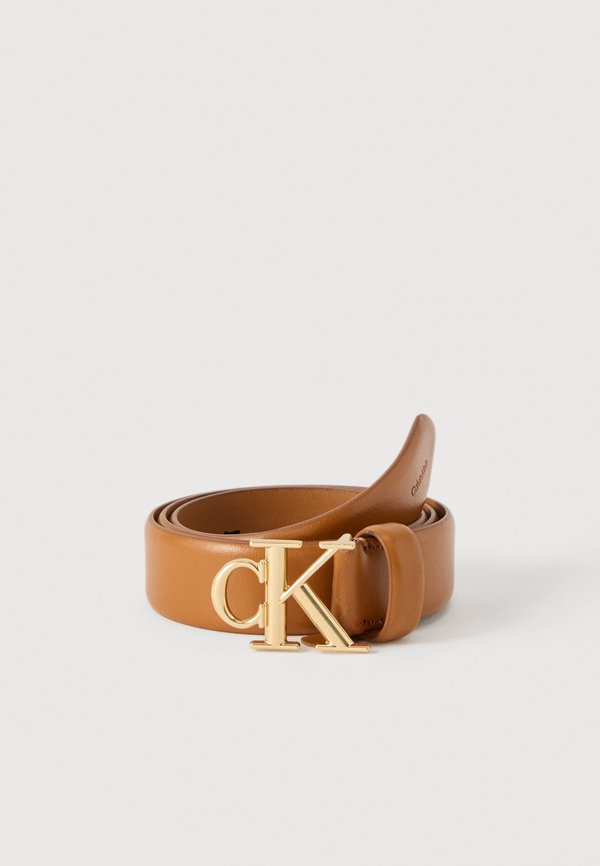 Calvin Klein ROUND BUCKLE BELT SMOOTH - Belt - brown/antique light gold-coloured