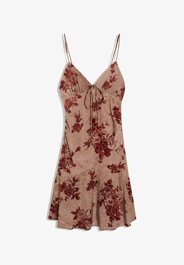 Bershka PRINTED STRAPPY - MINI DRESS - Day dress - dark brown
