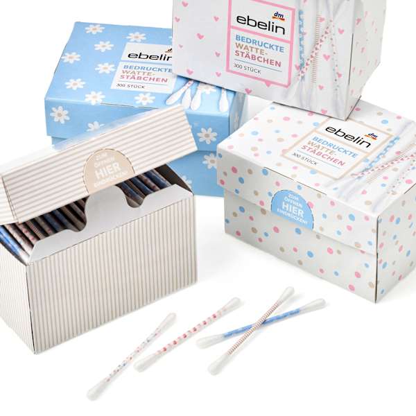 Wattestäbchen mit bedruckten Papierschäften Motiv-Box ebelin
