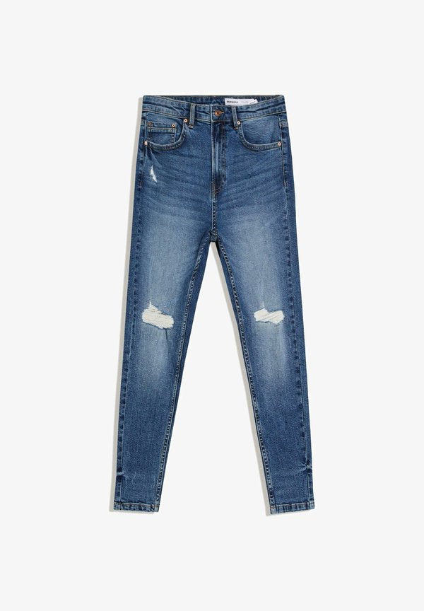Bershka CARROT DESTROY - Slim fit jeans - dark blue