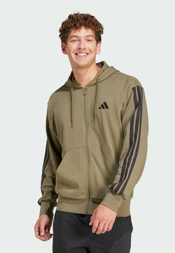adidas Sportswear ESSENTIALS THREE STRIPES FRENCH TERRY FULLZIP - Zip-up sweatshirt - olive strata black
