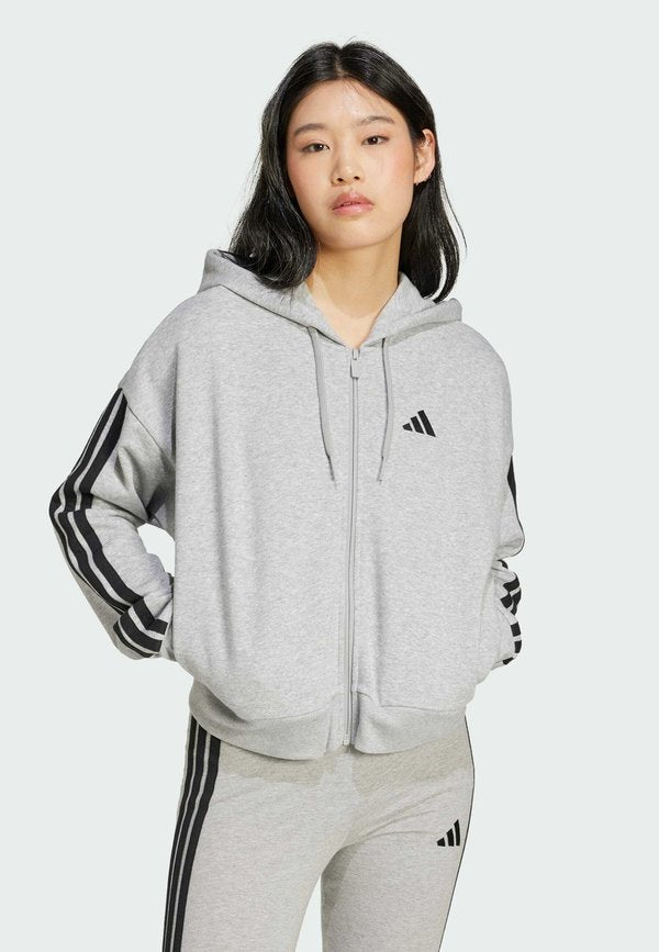 adidas Sportswear ESSENTIALS 3 STRIPES FRENCH TERRY FULL ZIP - Zip-up sweatshirt - medium grey heather   black