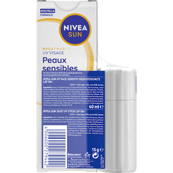 Sonnenfluid sensitiv Gesicht LSF 50+ & Sonnenstick sensitiv LSF 50+ NIVEA SUN